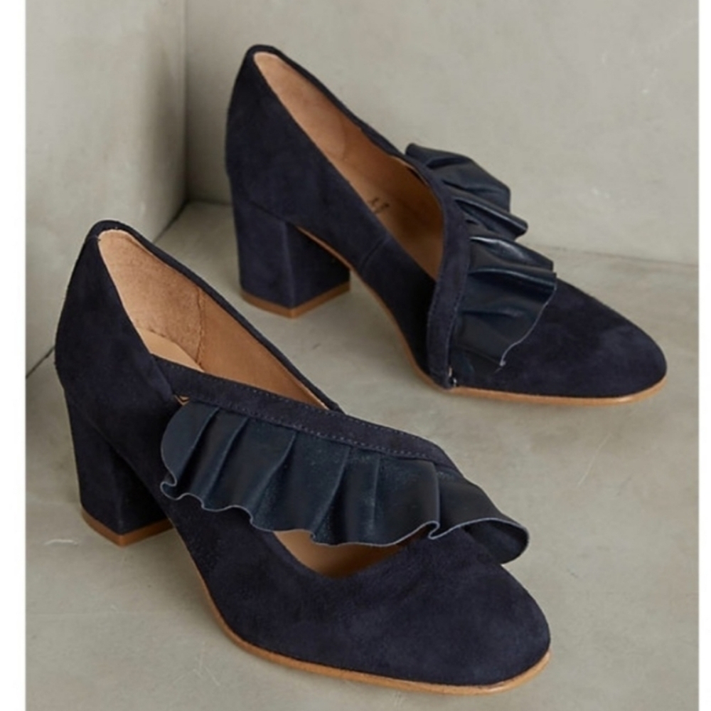 Anthropologie Kmb Navy Blue Suede Ruffle Heels Coquette Romantic Heels - Picture 3 of 11